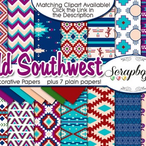 May include: A collection of 14 decorative and 7 plain scrapbook papers with Old Southwest designs. The papers feature geometric patterns in various colors, including turquoise, red, and navy blue. The image includes text that says "Old Southwest" and "Scrapbook Gems".