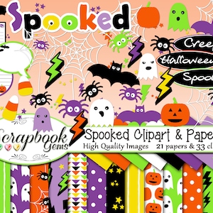 SPOOKED Halloween Clipart and Papers Kit, 33 png Clip arts, 21 jpeg Papers Instant Download ghost bat spider spooky creepy fall october web