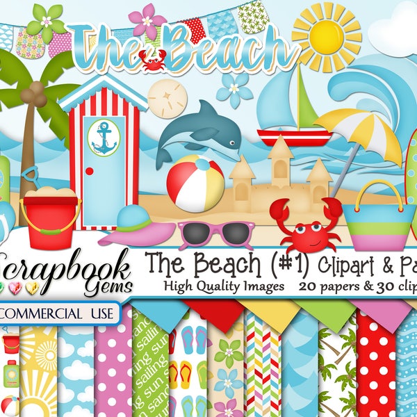 THE BEACH (Kit #1) Clipart & Papers, 30 png Clipart files, 20 jpeg Paper files, Instant Download surfboard crab sailboat sand castle beach