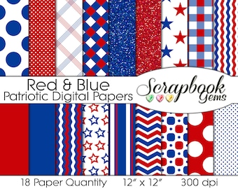 Patriotyczne Red & Blue Digital Papers, 18 sztuk, 12 "x 12", wysokiej jakości plików JPEG, Instant Download Commercial Użyj notatniku Glitter