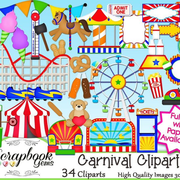 Carnaval des cliparts, 34 fichiers Clipart png, Téléchargement instantané roue jeux balades parc d’attractions thème cirque juste fun roller coaster pare-chocs
