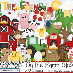 ON THE FARM Clipart, 29 png Clipart files, Instant Download ranch pig cow horse sheep chicken hen tractor goat cat farmland hay bale farming