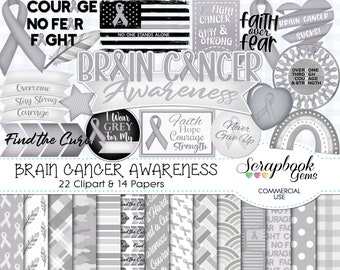 BRAIN CANCER Awareness Clipart & Papers Kit, 22 png Clipart files, 14 jpeg Paper files, Instant Download, gray and white awareness ribbon