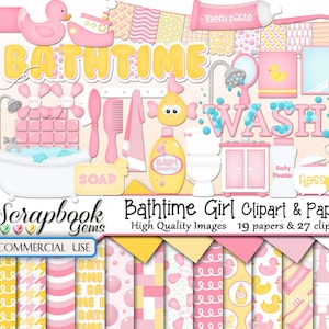BATHTIME GIRL Clipart & Papers Kit, 27 png Clipart files, 19 jpeg Paper files, Instant Download, asciugamano, bagno, vasca, lavandino, WC, neonato