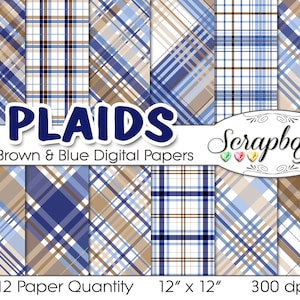Plaid brown & blue Digital Papers, 12 pezzi, 12 "x 12", file JPEG di alta qualità, Instant download commerciale uso scrapbook tartans ragazzo