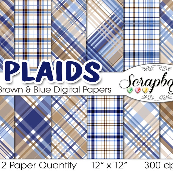 Plaid Brown & Blue Digital Papers, 12 Pieces, 12" x 12", High Quality JPEG files, Instant Download Commercial Use Scrapbook tartans boy