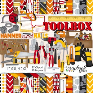 Toolbox Clipart und Papiere Kit, 37 png Clip Arts, 20 jpeg Papiere Sofort Download hammer schraubendreher werkzeuge bohrerlineal bandmaß