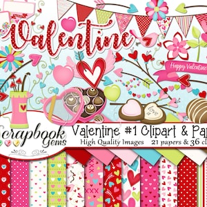 VALENTINE #1 Clipart and Papers Kit, 36 png Clip Arts, 21 jpeg Papiere Instant Download Liebe Hochzeit Pralinen Herz Pfeil Cupid Candy