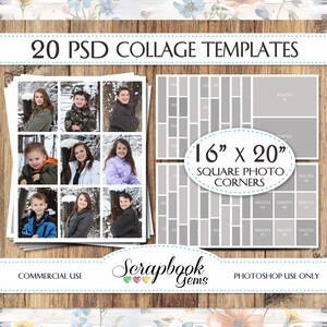 May include: Twenty Photoshop collage templates for creating photo layouts. The templates are 40.6 cm by 50.8 cm and feature square photo corners. The templates are designed for commercial use.