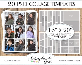 TWENTY (20) 16" x 20" Digital Photo Collages / Storyboard Templates, PSD Format, Photo Scrapbook Template Collage