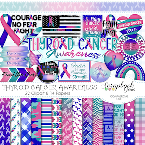 May include: A digital scrapbook kit for thyroid cancer awareness with 22 clipart images and 14 patterned papers. The kit features blue, pink, and teal colors with ribbons, stars, and text that says "Thyroid Cancer Awareness", "Find the Cure", "Faith Hope Courage Strength", "Never Give Up", "I Wear Blue, Pink & Teal For My", "Overcome Through Courage & Strength", "Fight Cancer Stay & Strong", "Faith Over Fear", and "Thyroid Cancer Sucks!"