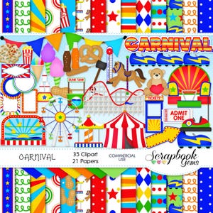 CARNIVAL Clipart & Papers Kit, 34 png Clip arts, 21 jpeg Papers Instant Download party amusement theme fair park roller coaster circus rides