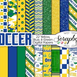 May include: A digital paper pack with 22 soccer-themed designs in yellow, blue, and green. The designs include stars, stripes, polka dots, and camouflage patterns. The text "SOCCER" is in large blue letters at the top of the image. The text "Scrapbook Gems" is in the bottom right corner of the image.