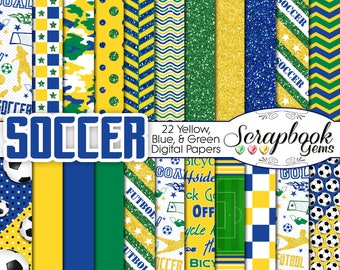 SOCCER Futbol Digital Papers Blue, Green, & Yellow, 22 Pieces, 12" x 12", High Quality JPEG files Instant Download Commercial Sport brazil