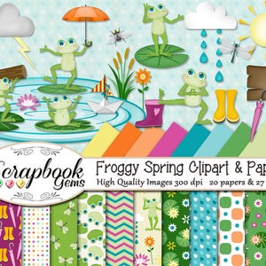 Puede incluir: Un conjunto de 20 papeles digitales y 27 imágenes de clipart con ranas, flores de primavera, gotas de lluvia y otros elementos de temática primaveral. Los papeles y el clipart están en una variedad de colores, incluyendo verde, azul, amarillo y rosa. El texto "Scrapbook Gems" y "Froggy Spring Clipart & Papers" está incluido en la imagen.