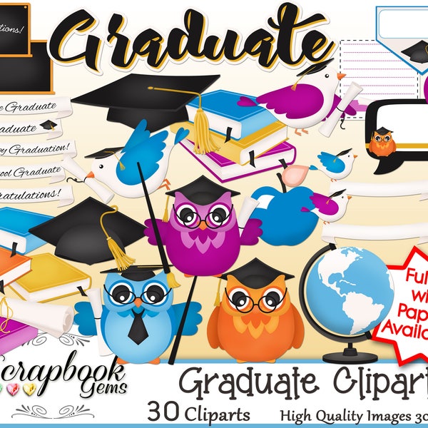 GRADUATE Clipart, 30 png Clipart files Instant Download tags high school college graduation scroll cap tassle diploma congratulations