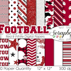 Football Digital Papers Red & White, 20 Pieces, 12&quot; x 12&quot;, High Quality JPEG files, Instant Download Commercial Use Sports Glitter