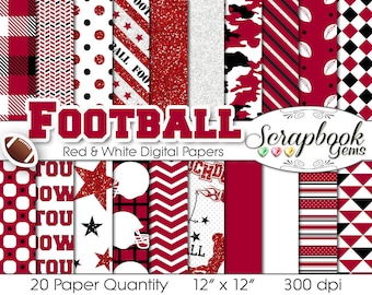 Football Digital Papers Red & White, 20 Pieces, 12" x 12", High Quality JPEG files, Instant Download Commercial Use Sports Glitter
