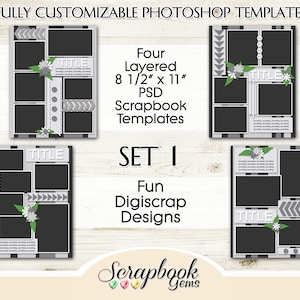 Four 8 1/2" x 11" Digital Scrapbook Layered Photo Templates, PSD Format digiscrap customizable photoshop editable photo collage