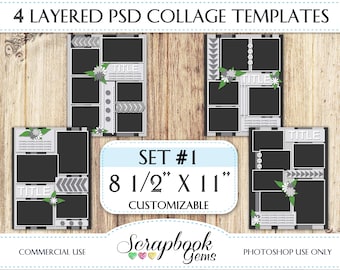 Four 8 1/2" x 11" Digital Scrapbook Layered Photo Templates, PSD Format digiscrap customizable photoshop editable photo collage