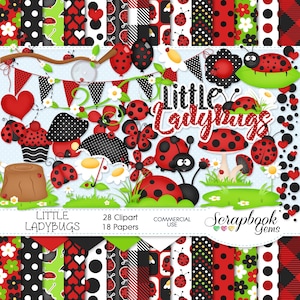 LITTLE MARIENKÄFER Clipart und Papiere Kit, 28 png Clipart Dateien, 19 jpeg Papierdateien, Sofort Download, Marienkäfer, roter Ballon, Luftballon, Käfer, Feder