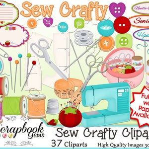 Pode incluir: Conjunto de clipart Sew Crafty com 37 imagens. O conjunto inclui imagens com tema de costura, como carretéis de linha, botões, tesouras, agulhas, uma máquina de costura e uma fita métrica. As imagens são de estilo cartoon e são coloridas.