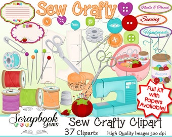 May include: Sew Crafty Clipart set with 37 images. The set includes sewing themed images such as spools of thread, buttons, scissors, needles, a sewing machine, and a measuring tape. The images are in a cartoon style and are colorful.