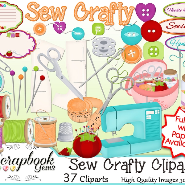 SEW CRAFTY Clipart, 37 png Clipart files Instant Download tags sewing machine stitching button needle thread thimble pins scissors pattern