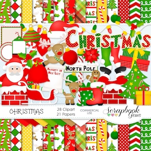 WEIHNACHTEN Clipart und Papiere Kit, 28 png Clip Arts, 21 jpeg Papiere Sofortiger Download Weihnachtsbaum Weihnachten Winter Nikolaus Nick Strumpf