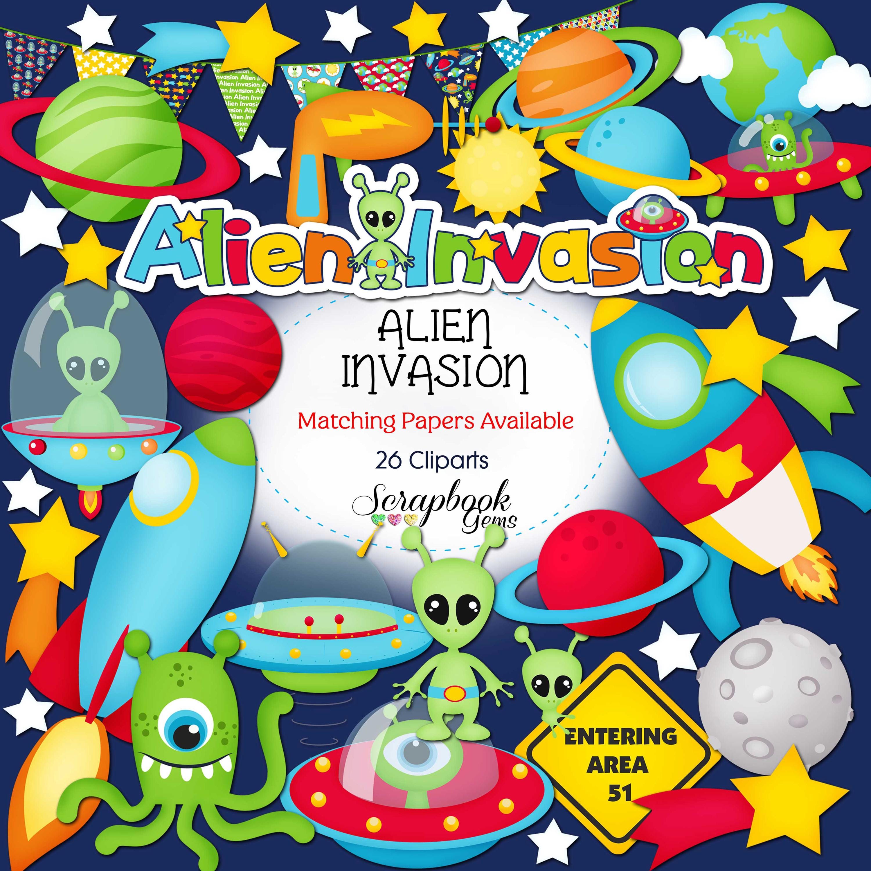 ALIEN INVASION Clipart & Papers Kit, 26 Png Clipart Files, 20 Jpeg ...