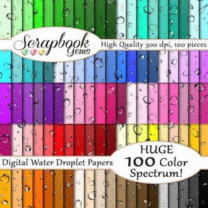 May include: A digital paper pack with 100 different colors featuring water droplets on each color. The text "Scrapbook Gems" is in the top left corner. The text "High Quality 300 dpi, 100 pieces" is in the top right corner. The text "HUGE 100 Color Spectrum!" is in the bottom right corner. The text "Digital Water Droplet Papers" is in the bottom left corner.
