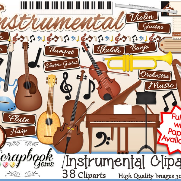 INSTRUMENTAL Clipart, 38 png Clipart files Instant Download tags piano music musical song notes harp violin guitar trumpet flute banjo sheet