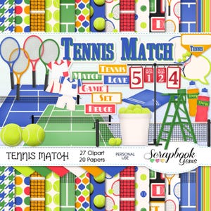 Clipart MATCH DE TENNIS et kit de papiers, 27 cliparts png, 20 papiers jpeg téléchargement immédiat raquette de tennis terrain de balle filet bouteille d'eau boisson sportive