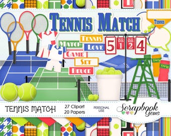 May include: A digital scrapbook kit with a tennis theme. The image features tennis balls, rackets, a scoreboard, and a tennis court. The words "Tennis Match" are prominently displayed, along with various tennis-related words and phrases.