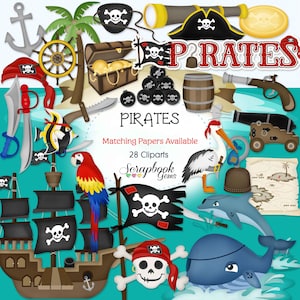 PIRATEN Clipart, 28 png Clip Art Dateien, Instant Download Papagei Wal Schiff Anker Delphin Augenklappe Schädel Schwert Messer Kanone Schatz