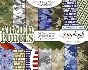 ARMED FORCES Digital Papers, 24 Pieces, 12&quot; x 12&quot;, High Quality JPEGs, Instant Download, camo, camoflauge, patriotic, military, army, marine