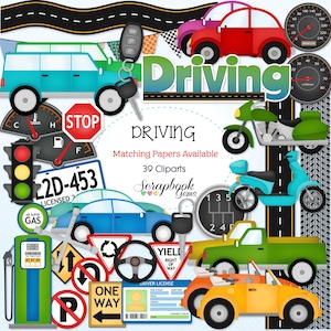 DRIVING Clipart, 39 png Clipart files Instant Download car truck auto automobile motorcycle moped scooter street light road tread travel