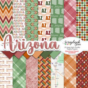 ARIZONA State Digital Papers, 20 stuks, 12" x 12", hoge kwaliteit jpeg-bestanden, direct downloaden, woestijn, zuidwesten, kaart van arizona, fenikspapier