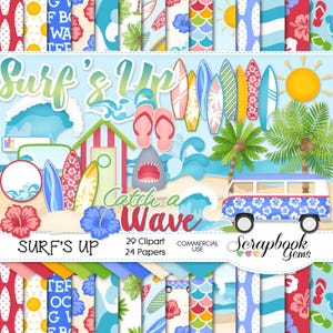 SURF&#39;S UP Clipart and Papers Kit, 29 png Clip arts, 24 jpeg Papers Instant Download waves water surf board surfing coconut shark beach ocean