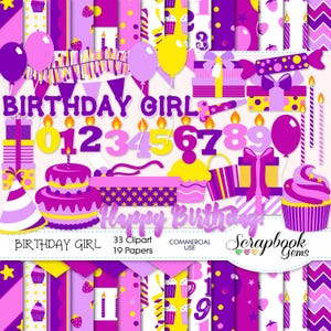 GEBURTSTAG MÄDCHEN Clipart & Papiere Kit, 34 png Clip arts, 19 jpeg Papiere Instant Download party Feier junge chic rosa lila Geschenk Geschenk