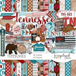 Kit de cliparts et papiers TENNESSEE, 60 cliparts png, 20 papiers jpeg téléchargement immédiat États-Unis, ours noir, raton laveur, musique country de cow-boy
