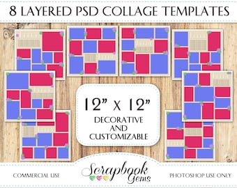 PHOTO COLLAGE Scrapbook Templates, Eight 12" x 12" Pocket Digital Scrapbook Layered PSD Format photoshop digiscrap blogboard editable