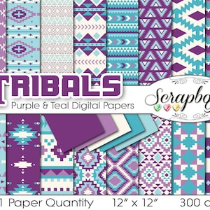 May include: A set of 21 digital papers featuring purple and teal tribal patterns. The papers are 12 inches by 12 inches and 300 dpi.
