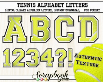 Sports Tennis Letters & Numbers Clipart, 40 High Quality PNG files, Instant Download Digital Clip Art sports alphabet