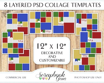 PHOTO COLLAGE Scrapbook Templates, Eight 12" x 12" Pocket Digital Scrapbook Layered PSD Format photoshop digiscrap blogboard editable