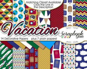 VACATION Digital Papers, 21 Pieces, 12" x 12", High Quality JPEGs Instant Download globe luggage suitcase airplane passport travel honeymoon