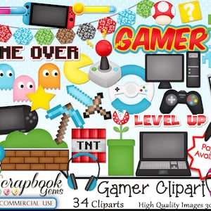 GAMER Video Game Clipart & Papers Kit, 34 png Clipart files, 21 jpeg Paper files, Instant Download arcade, computer, xbox game, joystick image 3