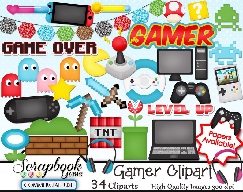 GAMER Video Game Clipart & Papers Kit, 34 png Clipart files, 21 jpeg Paper files, Instant Download arcade, computer, xbox game, joystick image 3