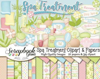 SPA TRATAMIENTO Clipart and Papers Kit, 34 png Clip Arts, 21 jpeg Papers Instant Download resort beauty day spa masaje wellness oils loción