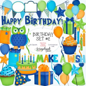 CUMPLEAÑOS Set #2 Clipart, 36 archivos PNG Clipart Descarga instantánea fiesta fiestas pancarta globo búho confeti vela regalo pastel cupcake comercial